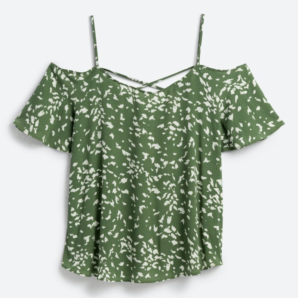 Kaileigh Olive Green Cold-Shoulder Print Blouse